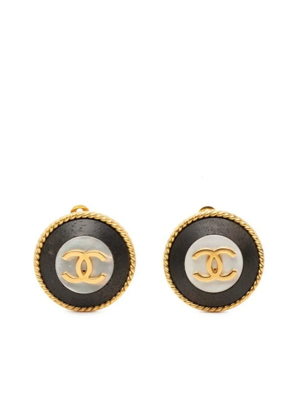 Chanel CC Logo Vintage Round Earrings Gold Black Plated